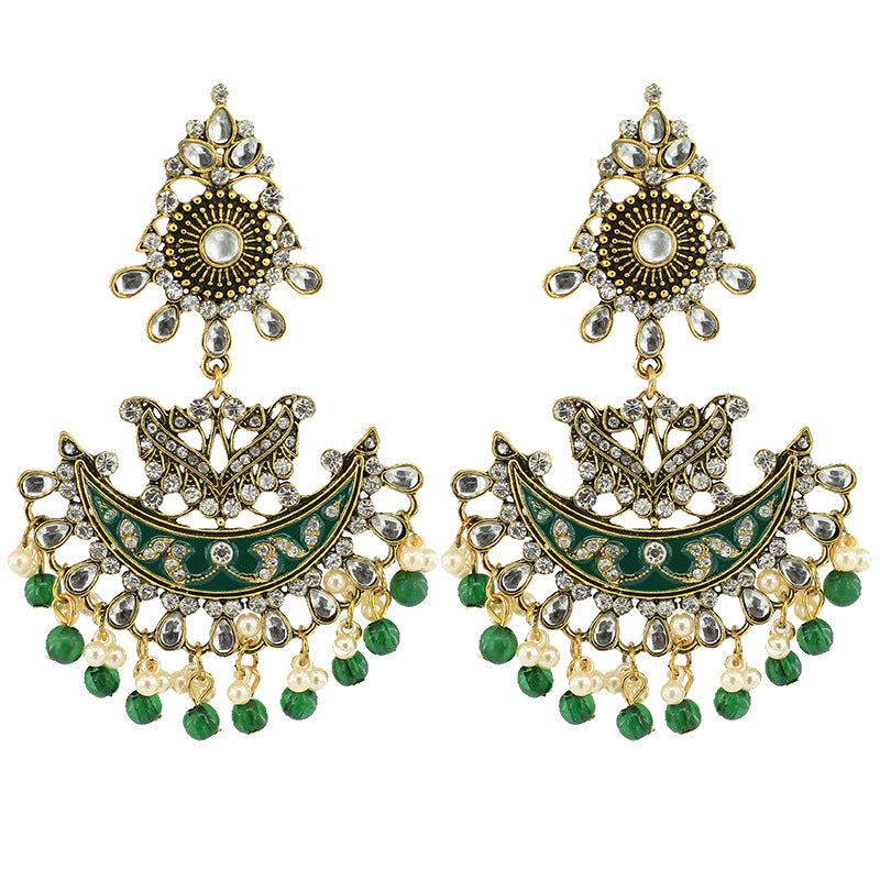 Indian Earrings Gold Round Beaded Chandali Earrings for Wowen-Blue/Green - enjoyinshopping