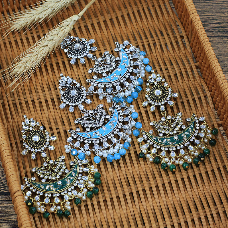 Indian Earrings Gold Round Beaded Chandali Earrings for Wowen-Blue/Green - enjoyinshopping