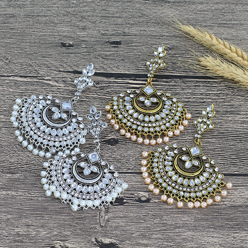 Indian Earrings Traditional Round Beaded Sector Shape Earrings Chandali for Wowen-Gold/Silver - enjoyinshopping