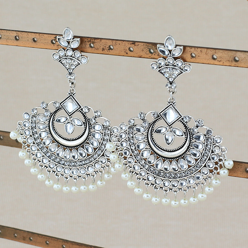 Indian Earrings Traditional Round Beaded Sector Shape Earrings Chandali for Wowen-Gold/Silver - enjoyinshopping