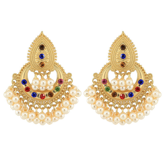 Indian Earrings Traditional Round Pearl Beaded Earrings Chandali for Wowen-Golden - enjoyinshopping