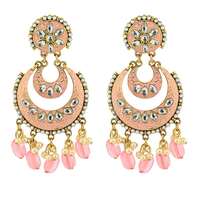 Indian Earrings Traditional Round Beaded Earrings Chandali for Wowen-Pink/Blue - enjoyinshopping