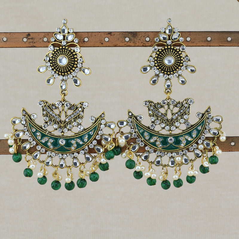 Indian Earrings Gold Round Beaded Chandali Earrings for Wowen-Blue/Green - enjoyinshopping