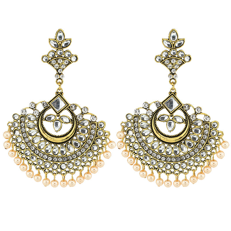 Indian Earrings Traditional Round Beaded Sector Shape Earrings Chandali for Wowen-Gold/Silver - enjoyinshopping