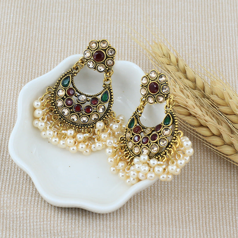 Indian Earrings Gold Round Pearl Beaded Earrings Chandali for Wowen-Gold/Blue - enjoyinshopping