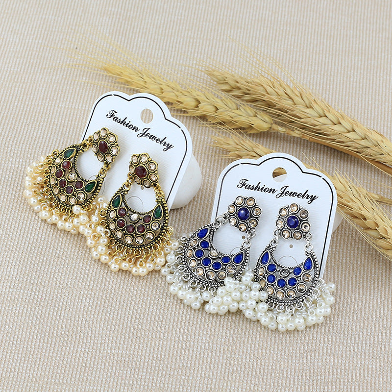 Indian Earrings Gold Round Pearl Beaded Earrings Chandali for Wowen-Gold/Blue - enjoyinshopping