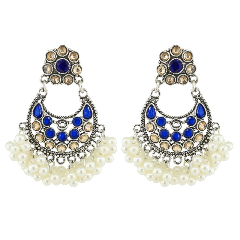 Indian Earrings Gold Round Pearl Beaded Earrings Chandali for Wowen-Gold/Blue - enjoyinshopping