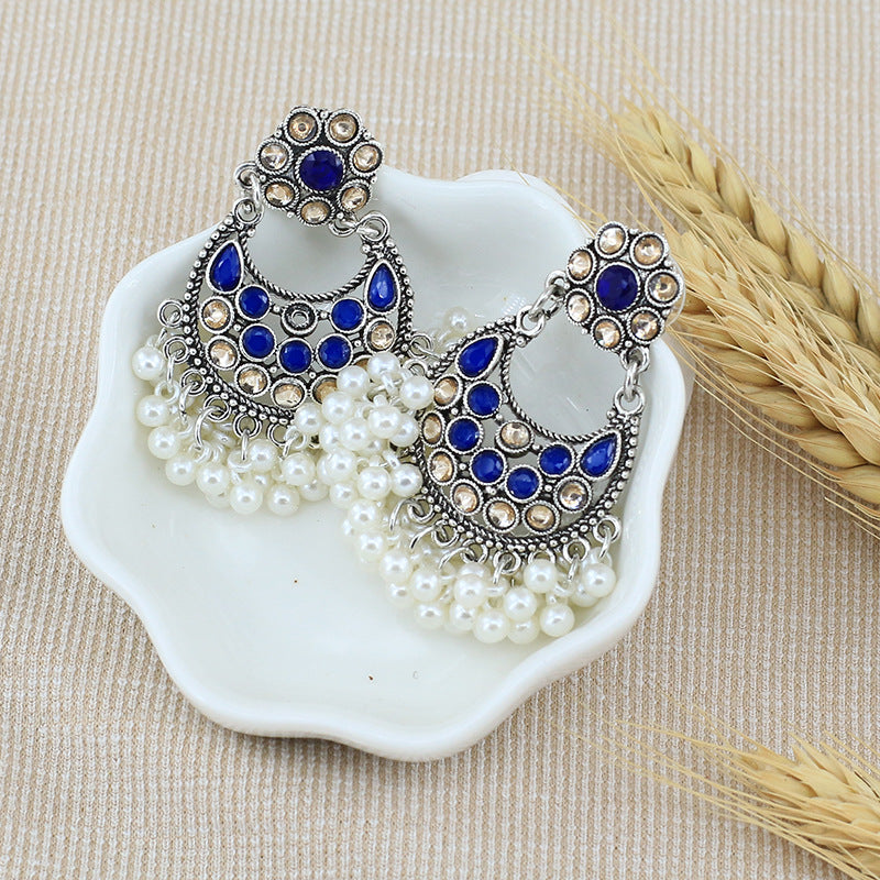 Indian Earrings Gold Round Pearl Beaded Earrings Chandali for Wowen-Gold/Blue - enjoyinshopping