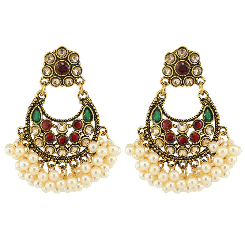 Indian Earrings Gold Round Pearl Beaded Earrings Chandali for Wowen-Gold/Blue - enjoyinshopping