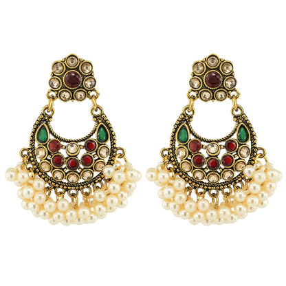 Indian Earrings Gold Round Pearl Beaded Earrings Chandali for Wowen-Gold/Blue - enjoyinshopping