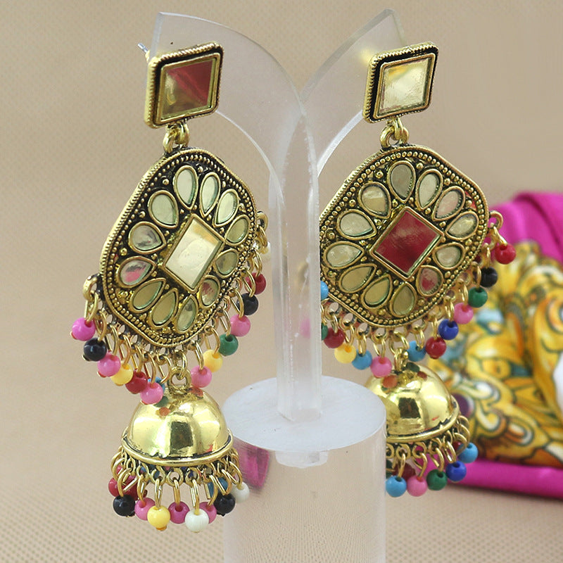 Indian Earrings Traditional Round Beaded Mirror Earrings Jhumka Jhumki Jumka for Wowen-Gold - enjoyinshopping