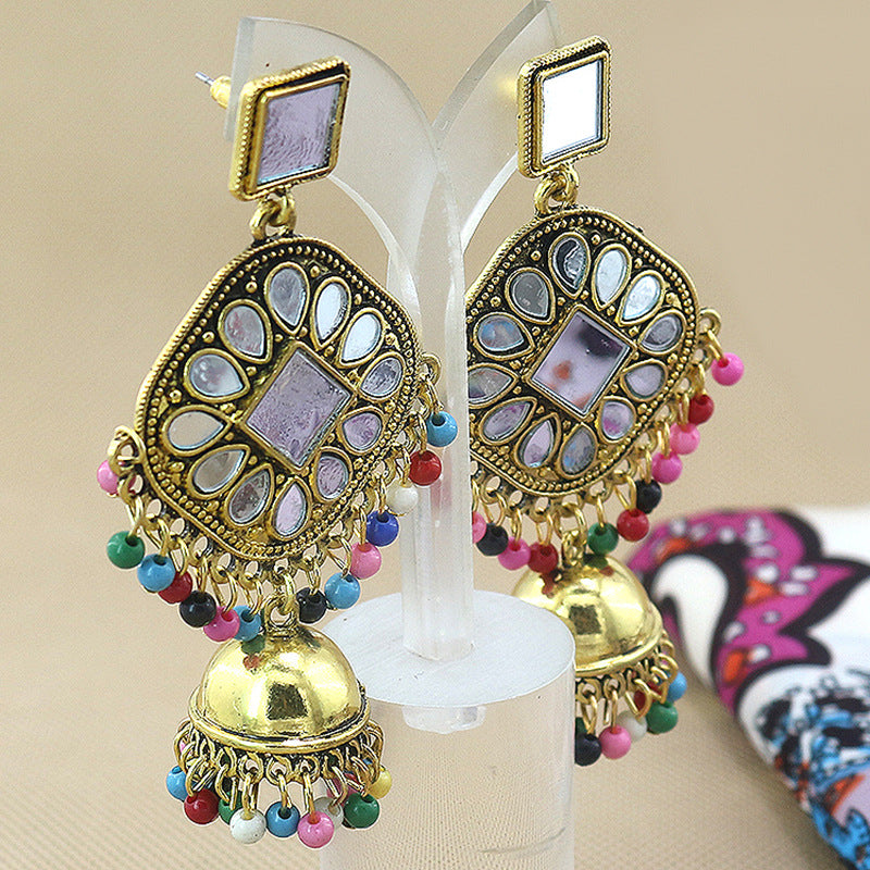 Indian Earrings Traditional Round Beaded Mirror Earrings Jhumka Jhumki Jumka for Wowen-Gold - enjoyinshopping