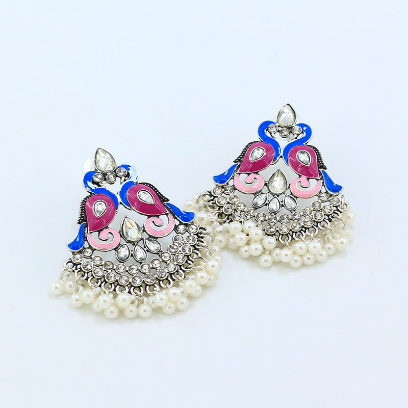 Indian Earrings Traditional Round Pearl Beaded Earrings Chandali for Wowen-Blue - enjoyinshopping