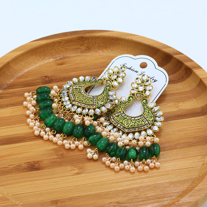 Indian Earrings Traditional Hoop Pearl Beaded Earrings for Wowen-Green - enjoyinshopping