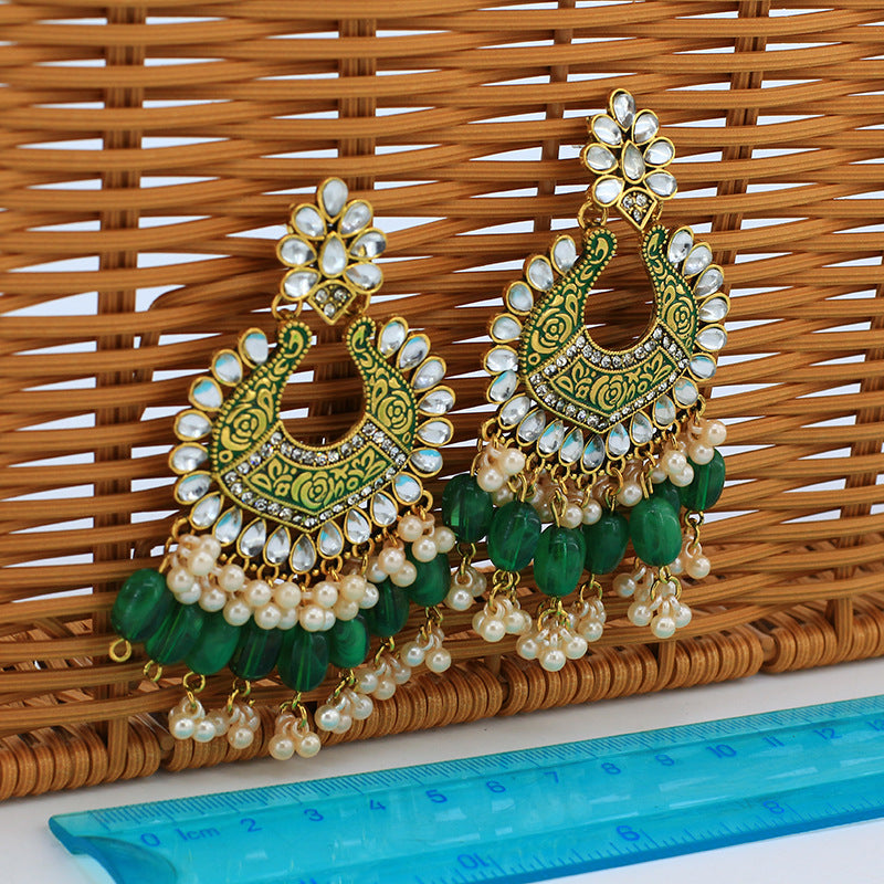 Indian Earrings Traditional Hoop Pearl Beaded Earrings for Wowen-Green - enjoyinshopping