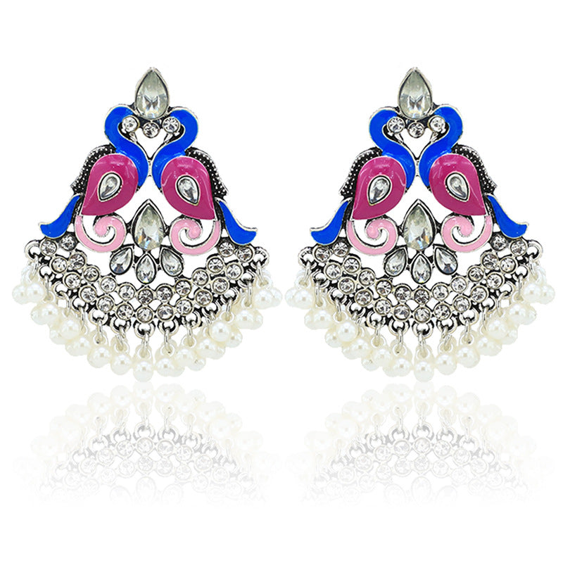 Indian Earrings Traditional Round Pearl Beaded Earrings Chandali for Wowen-Blue - enjoyinshopping