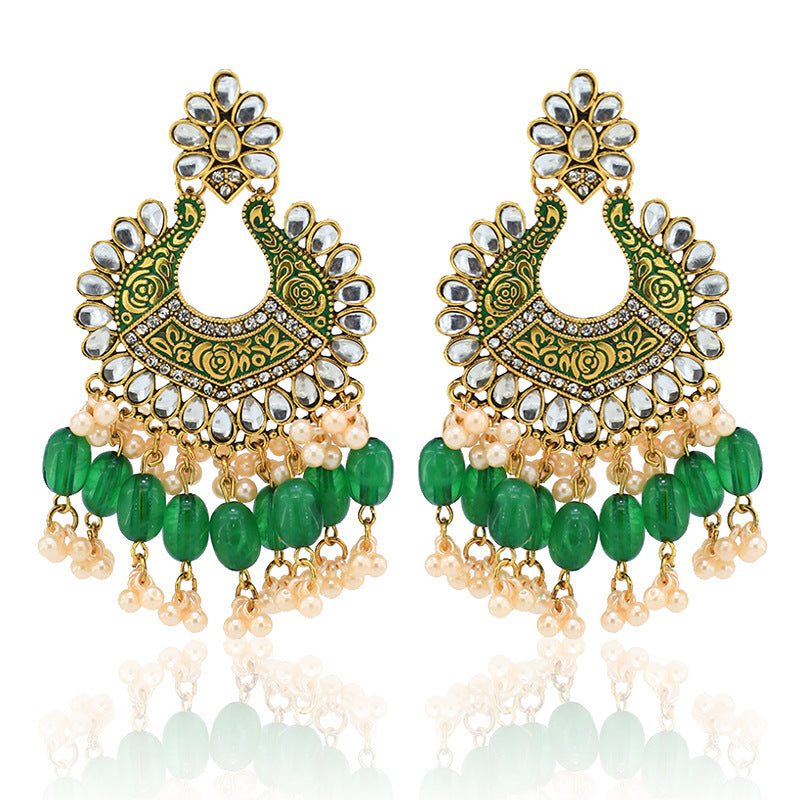 Indian Earrings Traditional Hoop Pearl Beaded Earrings for Wowen-Green - enjoyinshopping