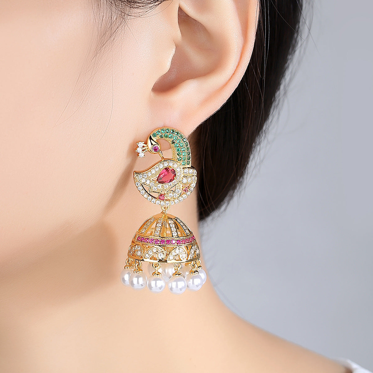 High-Quality Indian Style Earrings Bollywood Inlaid Zircon Peacock Shape Luxury Jhumka Jhumki Jumka Earrings-Gold - enjoyinshopping