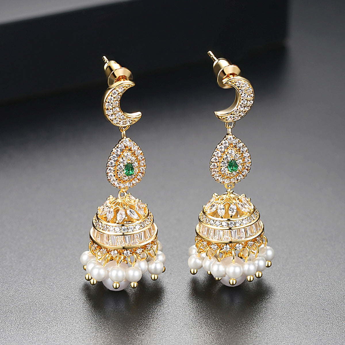 High-Quality Indian Style Earrings Bollywood Inlaid Zircon Moon Water Drop Shape Luxury Jhumka Jhumki Jumka Earrings-Gold - enjoyinshopping