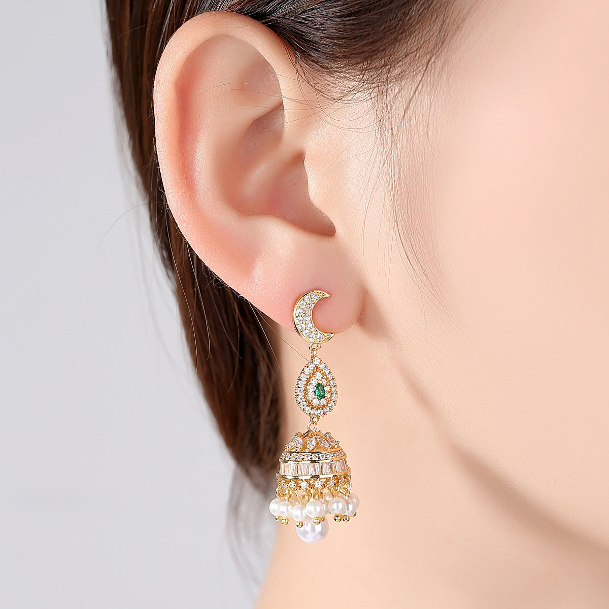 High-Quality Indian Style Earrings Bollywood Inlaid Zircon Moon Water Drop Shape Luxury Jhumka Jhumki Jumka Earrings-Gold - enjoyinshopping