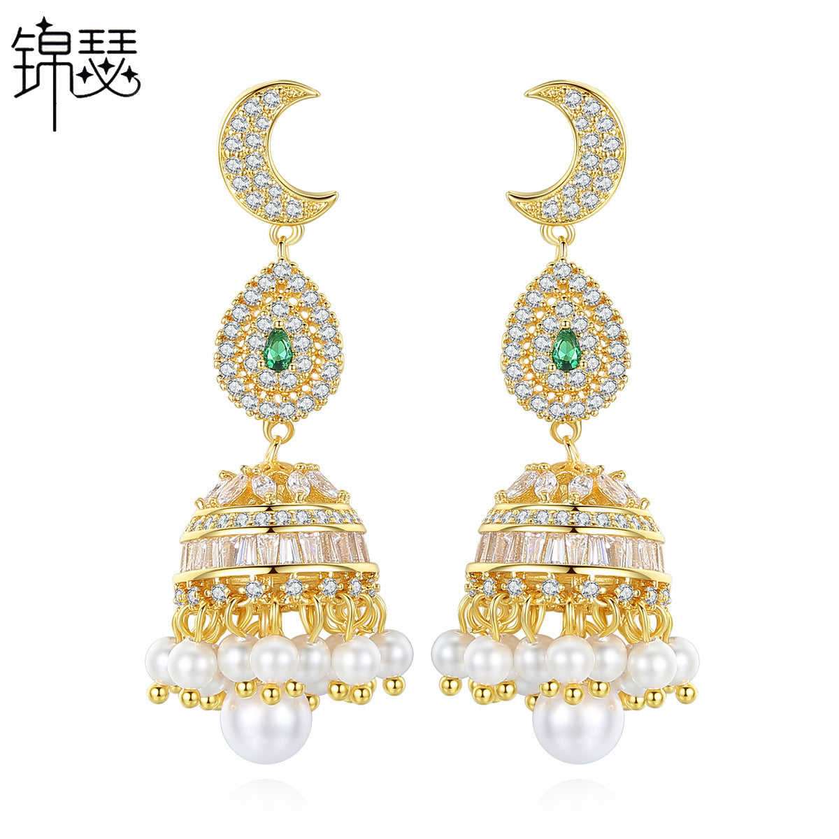 High-Quality Indian Style Earrings Bollywood Inlaid Zircon Moon Water Drop Shape Luxury Jhumka Jhumki Jumka Earrings-Gold - enjoyinshopping