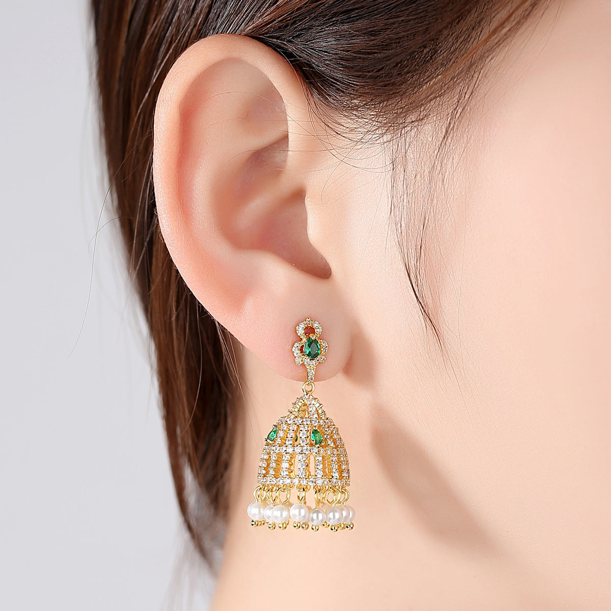 High-Quality Indian Style Earrings Bollywood Inlaid Zircon Luxury Jhumka Jhumki Jumka Earrings-Gold - enjoyinshopping