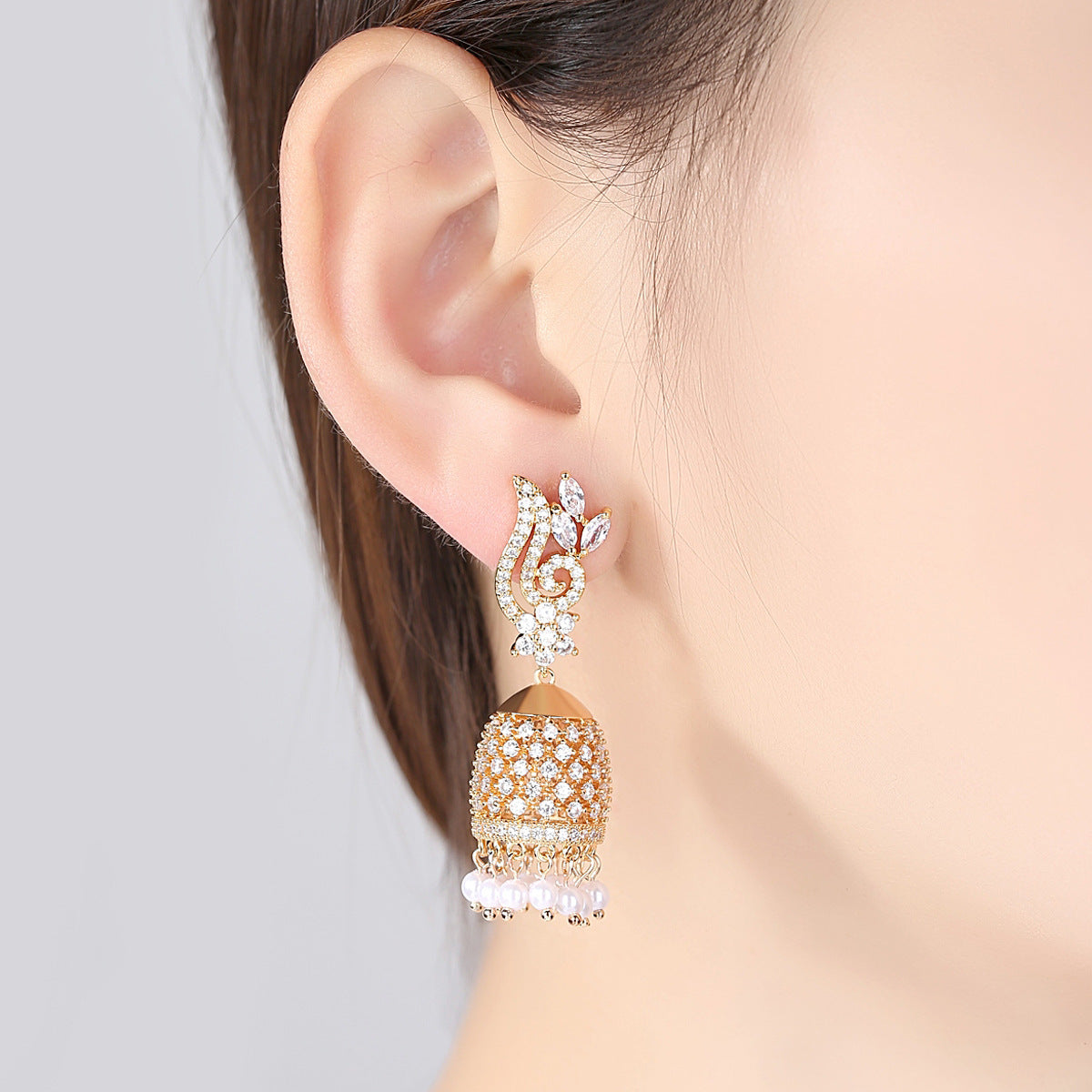 High-Quality Indian Style Earrings Bollywood Inlaid Zircon PeaLuxury Jhumka Jhumki Jumka Earrings-Gold - enjoyinshopping