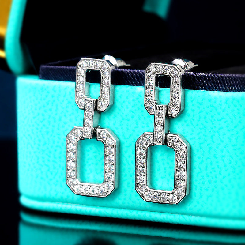 New Arrival French Style Cold Square Chain Zircon Earrings