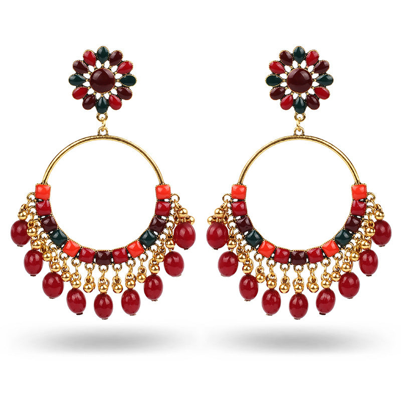 Indian Earrings Traditional Round Beaded Oil dripping Flower Earrings Chandali for Wowen-Red/Black - enjoyinshopping