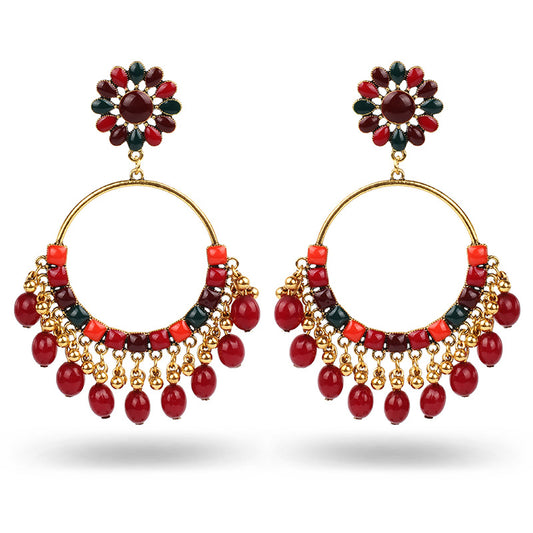 Indian Earrings Traditional Round Beaded Oil dripping Flower Earrings Chandali for Wowen-Red/Black - enjoyinshopping