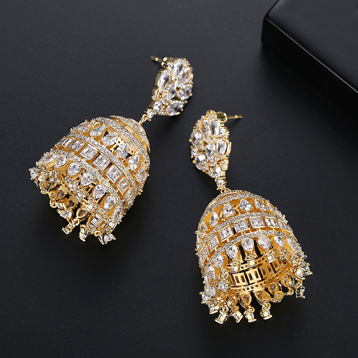 High-Quality Indian Style Earrings Bollywood Inlaid Zircon Luxury Jhumka Jhumki Jumka Earrings-Gold - enjoyinshopping