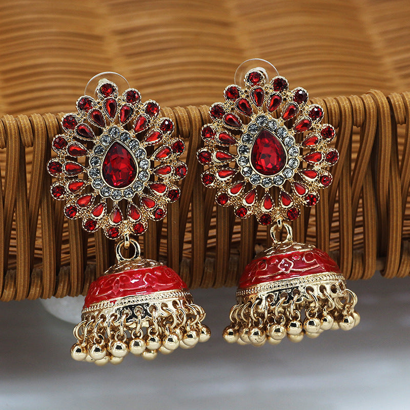 Indian Earrings Traditional Hoop Beaded Paisley Earrings Jhumka Jhumki Jumka for Wowen-Red - enjoyinshopping