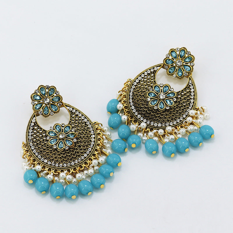 Indian Earrings Traditional Round Beaded Imitation Agate Earrings Chandali for Wowen-Black/Baby Blue - enjoyinshopping