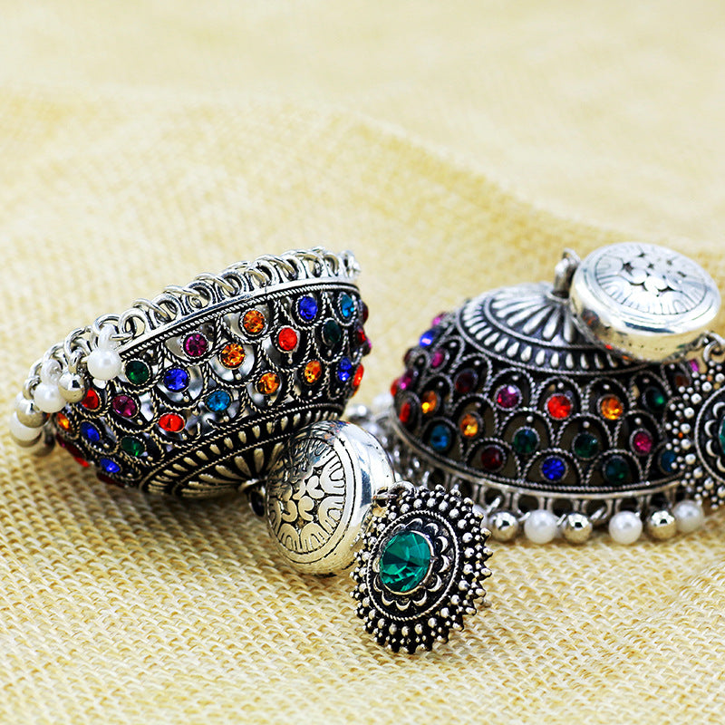 Indian Earrings Traditional Pearl Beaded Oxidized Earrings Jhumka Jhumki Jumka for Wowen-Silver - enjoyinshopping