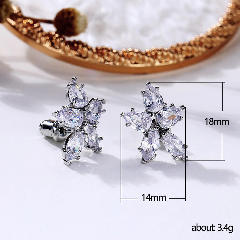 Elegant Shinny Five-Leaf Flower Zircon Stud Earrings For Women