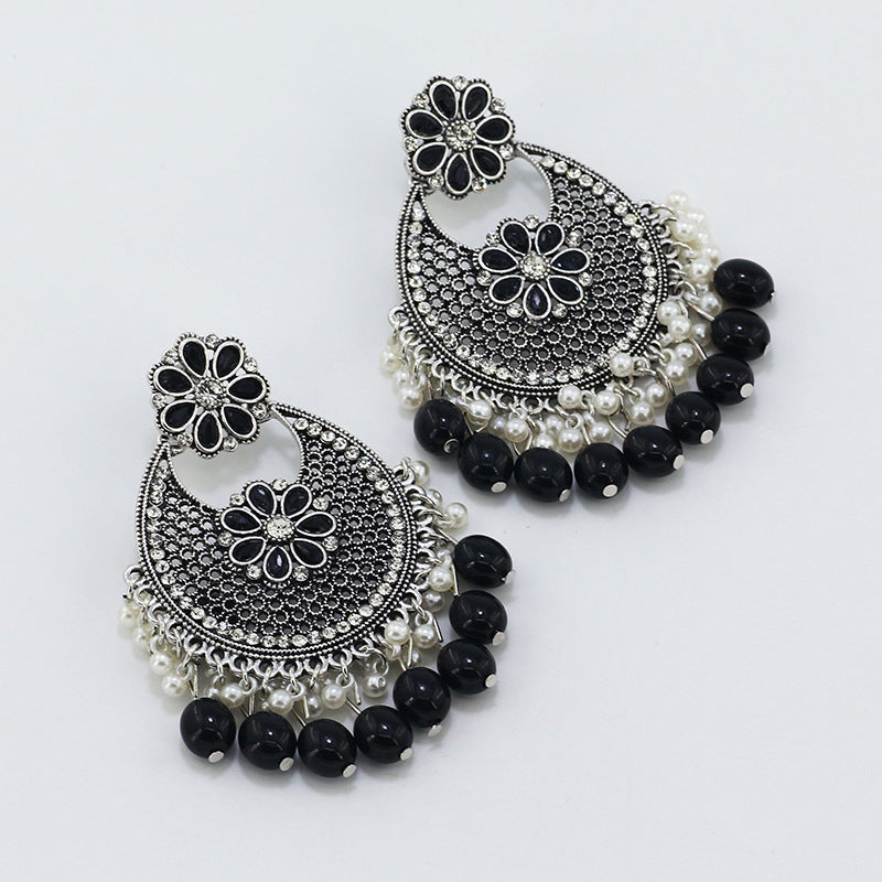 Indian Earrings Traditional Round Beaded Imitation Agate Earrings Chandali for Wowen-Black/Baby Blue - enjoyinshopping