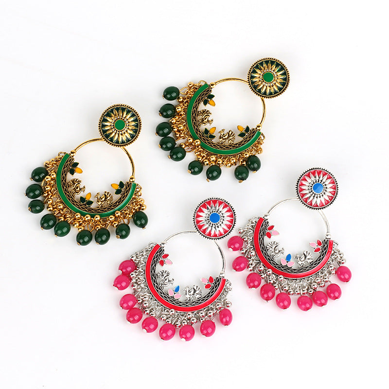 Indian Earrings Traditional Round Beaded Oil dripping Flower Earrings Chandali for Wowen-Green/Pink