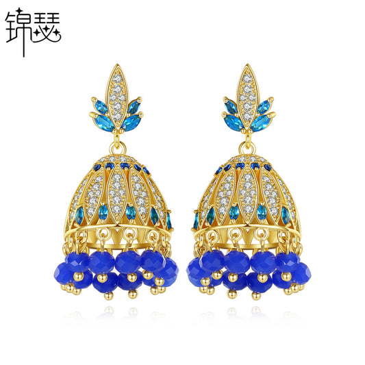 High-Quality Indian Style Earrings Bollywood Inlaid Zircon Luxury Jhumka Jhumki Jumka Earrings-Gold - enjoyinshopping