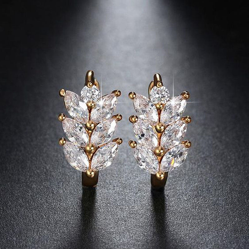 Hot Sale Earrings Fashion Diamond-Embedded Leaf-Shaped Wheat Zircon Daily Wear Stud Earring