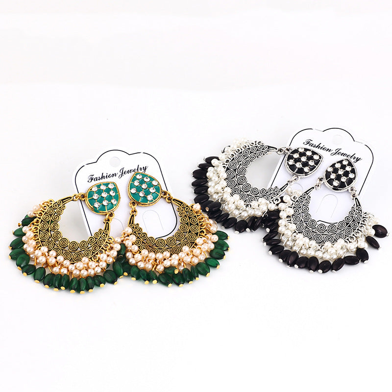 Indian Earrings Traditional Round Beaded Earrings Chandali for Wowen-Black/Green - enjoyinshopping