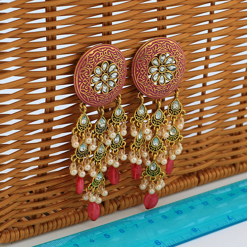 Indian Earrings Bohemian Pearl Beaded Tassel Earrings for Wowen-Pink - enjoyinshopping