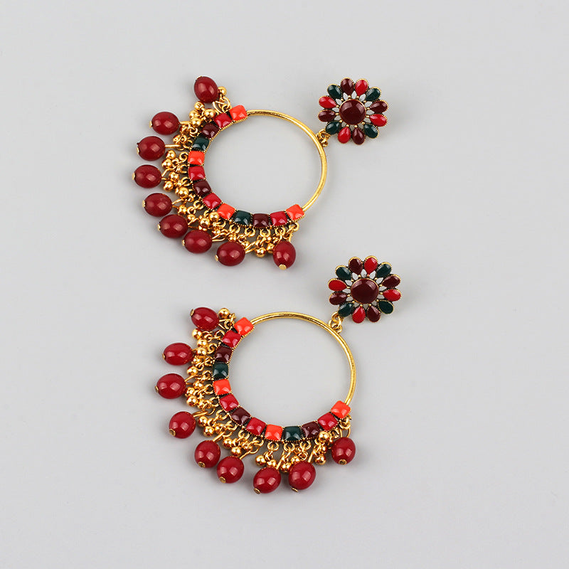 Indian Earrings Traditional Round Beaded Oil dripping Flower Earrings Chandali for Wowen-Red/Black - enjoyinshopping