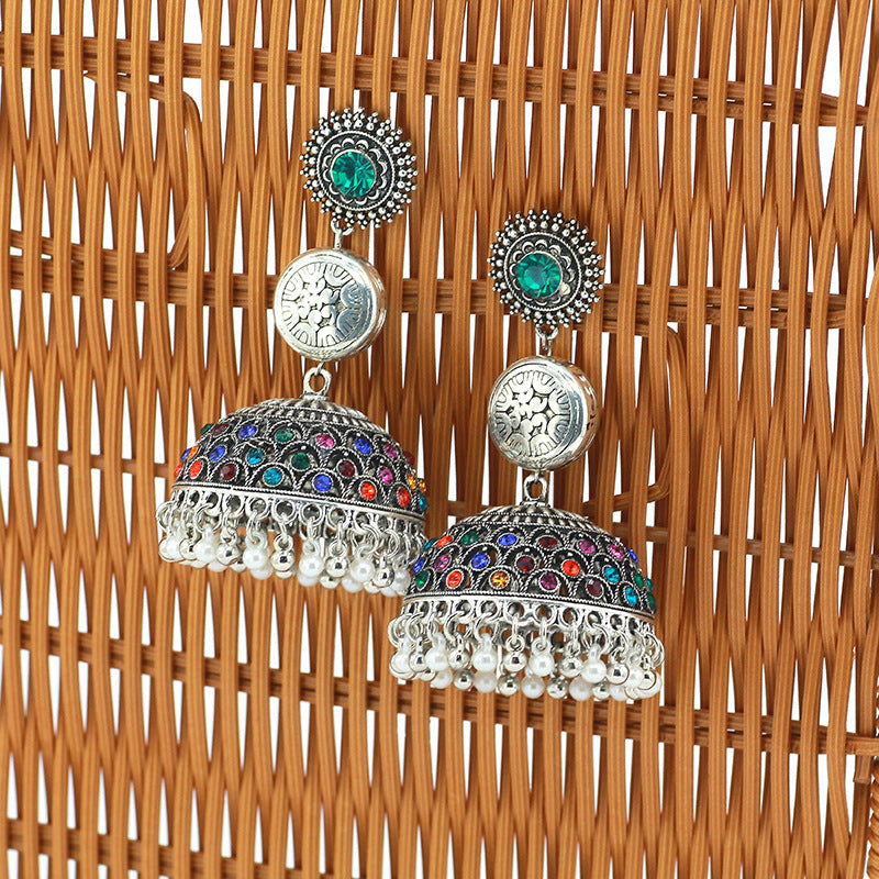 Indian Earrings Traditional Pearl Beaded Oxidized Earrings Jhumka Jhumki Jumka for Wowen-Silver - enjoyinshopping