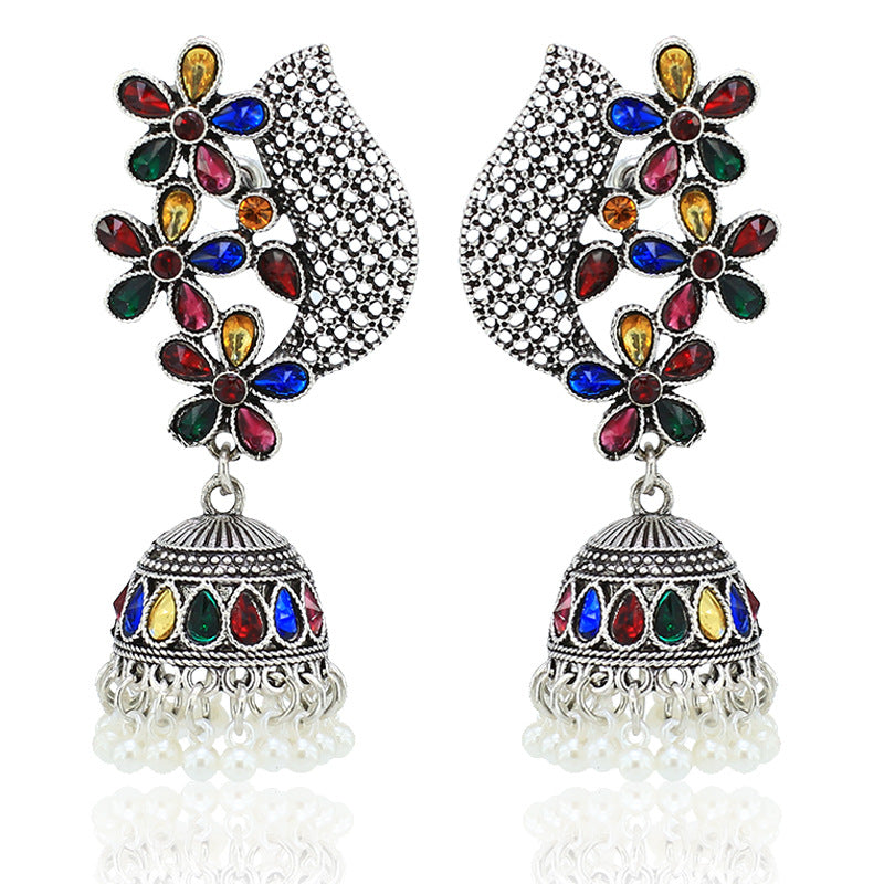 Indian Earrings Traditional Pearl Beaded Earrings Flower Jhumka Jhumki Jumka for Wowen-Silver - enjoyinshopping