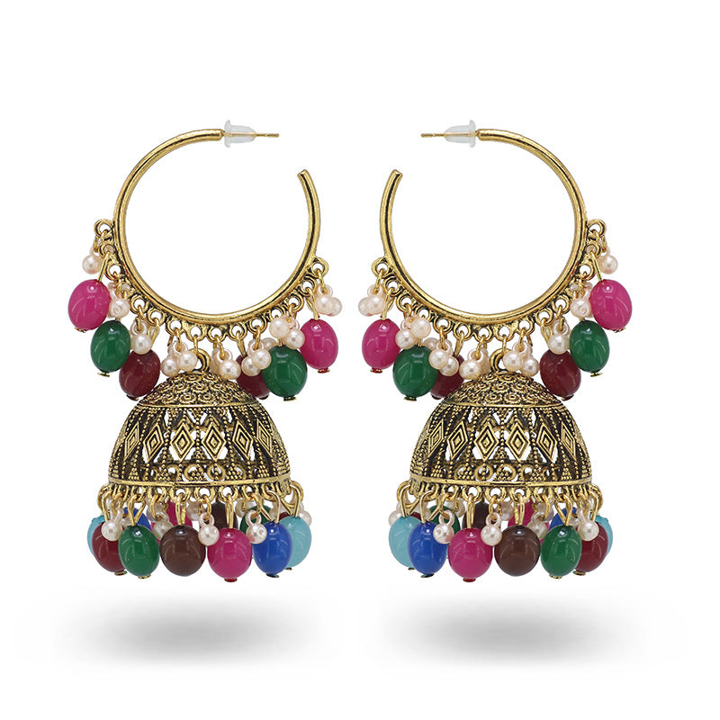 Indian Earrings Traditional Hoop Multicolor Beaded Earrings Jhumka Jhumki Jumka for Wowen-Gold - enjoyinshopping