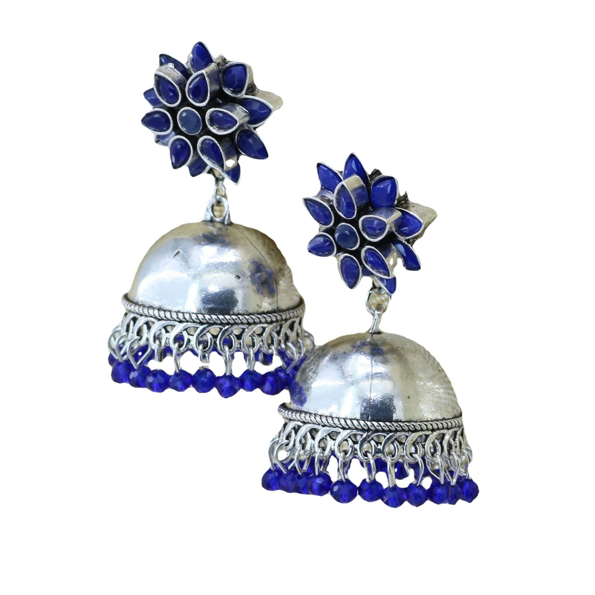 Indian Earrings Gold Round Beaded Earrings for Wowen- Blue Silver - enjoyinshopping