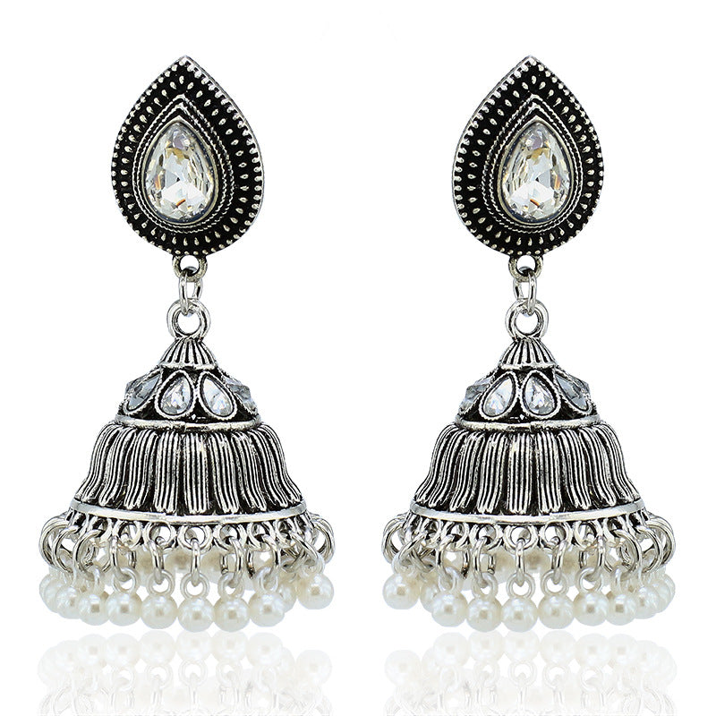 Indian Earrings Traditional Pearl Beaded Earrings Jhumka Jhumki Jumka for Wowen-Silver - enjoyinshopping