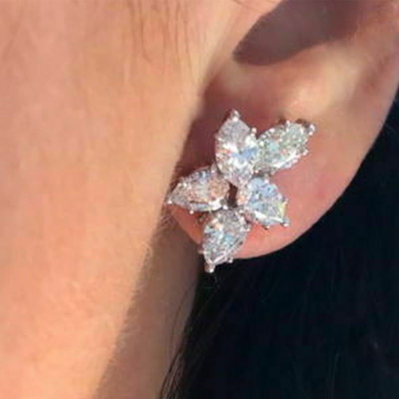 Elegant Shinny Five-Leaf Flower Zircon Stud Earrings For Women