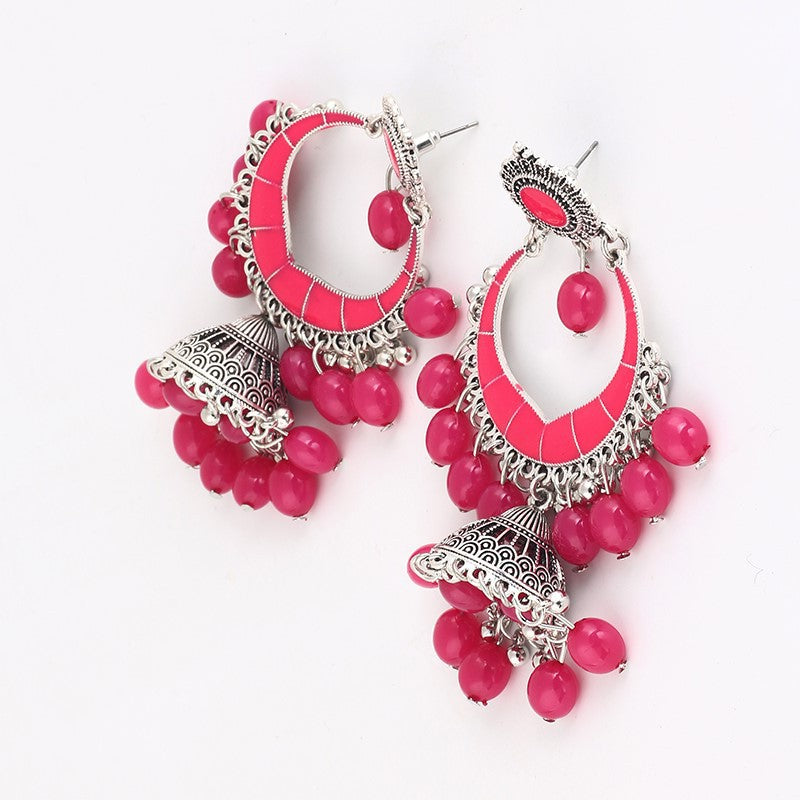 Indian Earrings Traditional Ethnic Bollywood Oxidized Long Jhumka Jhumki Jumka Earrings for Wowen-Pink/Grey - enjoyinshopping