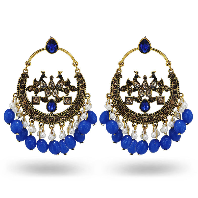 Indian Earrings Traditional Round Beaded Phoenix Earrings Chandali for Wowen-Blue/Red